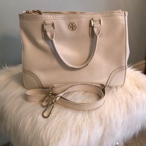 Tory Burch Cream Leather Perforated Robinson Tote